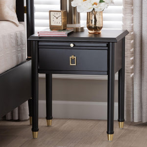 Baxton Studio Baxton Studio Tamra Black Wood Nightstand - Chic Modern Bedside Table with Pullout Shelf & Accents SW8000-90NS-Black-Nightstand