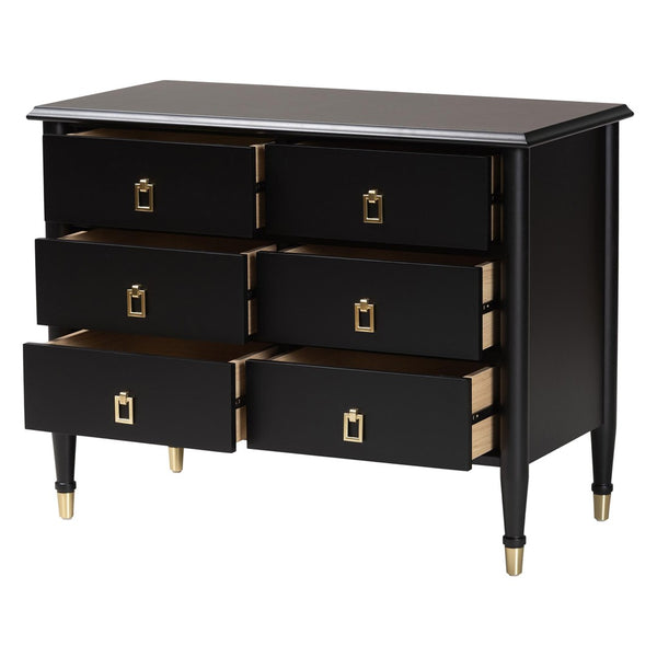 Baxton Studio Baxton Studio Tamra Black Wood Chest - 6-Drawer Elegant Storage Unit with Luxe Metallic Accents SW8000-90CH6D-Black-Chest