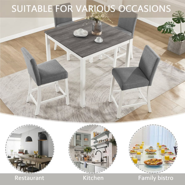 English Elm 5-piece Counter Height Dining Set Rubberwood Upholstered Chairs Grey White Kitchen W1998P418931