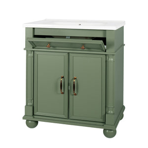 English Elm 27.8" Mid-century Freestanding Bathroom Vanity with Ceramic Sink Drawer and Wood Base Green W1801S00007