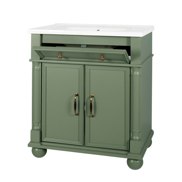English Elm 27.8" Mid-century Freestanding Bathroom Vanity with Ceramic Sink Drawer and Wood Base Green W1801S00007