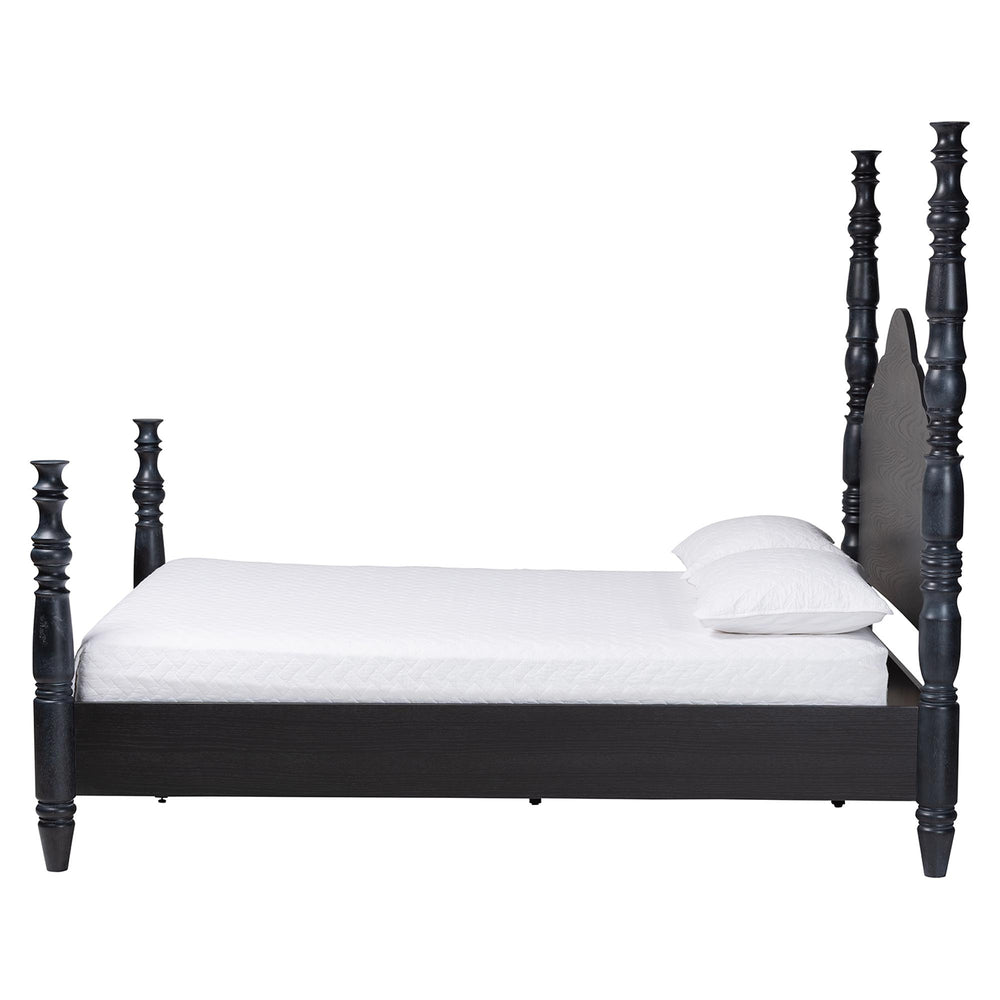 Baxton Studio Martino King Platform Bed - Vintage Four-poster Frame With Elegant Spindle Design Black Solid Rubber Wood+Mdf Veneer+Chipboard(Frame),Lvl(Bed Slats) Sw8636-black-king Poster Bed