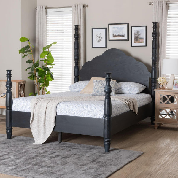 Baxton Studio Baxton Studio Martino Four-Poster Platform Bed – Farmhouse-Inspired Design with Sculpted Spindle Posts Black, Queen SW8636-Black-Queen Poster Bed