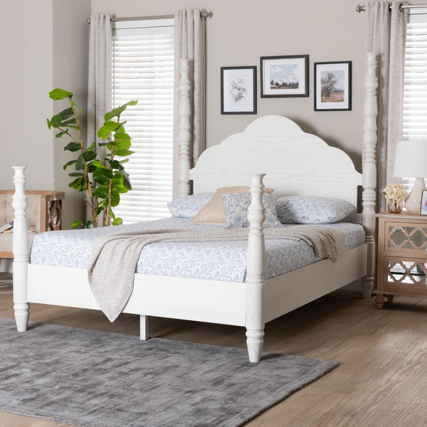 Baxton Studio Baxton Studio Martino Farmhouse Four-Poster Bed - Vintage White Frame with Sculpted Spindle Design SW8636-White-King Poster Bed