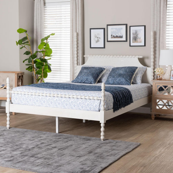 Baxton Studio Baxton Studio Caliana Four-Poster Platform Bed - Vintage-Inspired Wooden Frame with Spindle Posts Queen SW8638-White-Queen Poster Bed