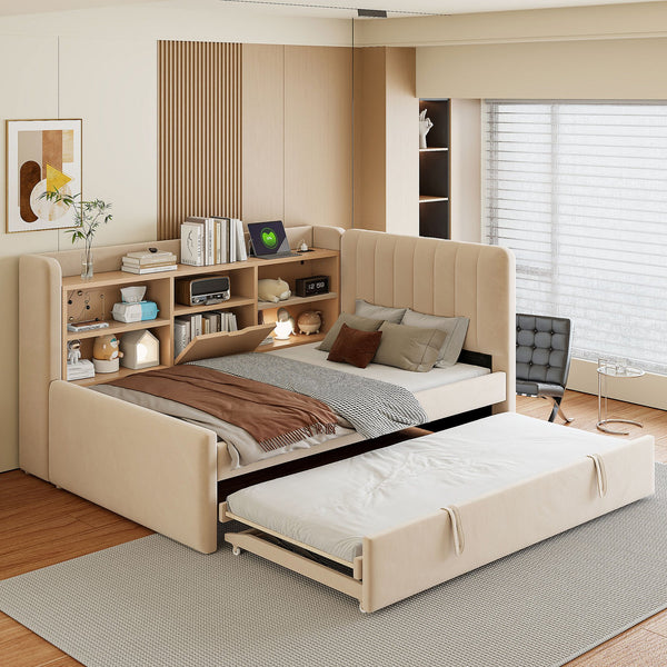 English Elm Twin Upholstered Daybed with Pull-Up Trundle, Velvet High Back with Shelves, Flip Storage & USB Beige SF000194AAA