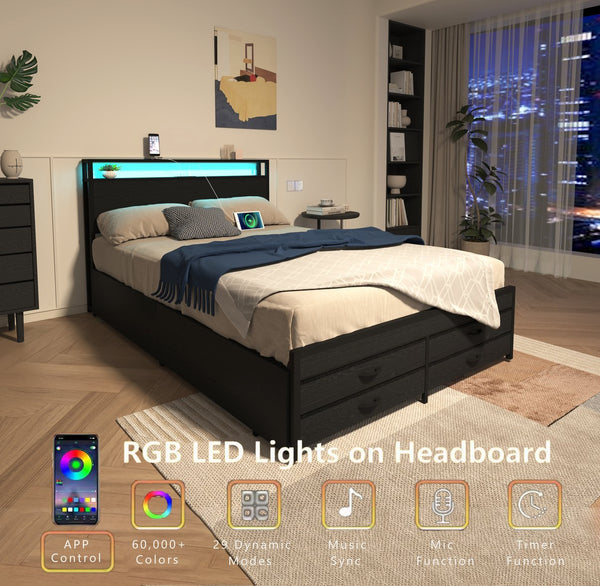 English Elm Queen Storage Bed Frame with 8 Drawers, LED Headboard, USB Charging, Metal Platform, Noise-Free Design W2129P369350