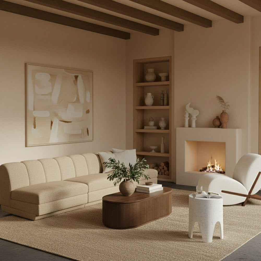 Meridian Furniture Modari Chenille Textured Modular Sofa with Channel Tufting for Modern Living Rooms 143Beige-S3B