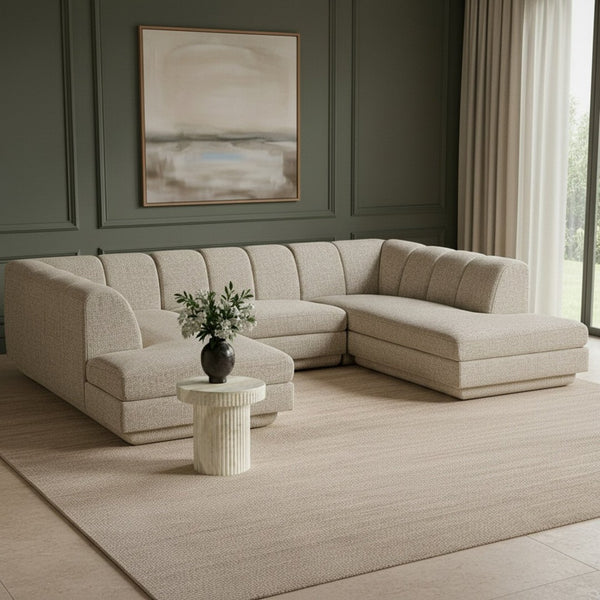 Meridian Furniture Modari Channel Tufted Chenille Three Piece Modular Sectional for Modern Living Rooms 143Beige-Sec3C
