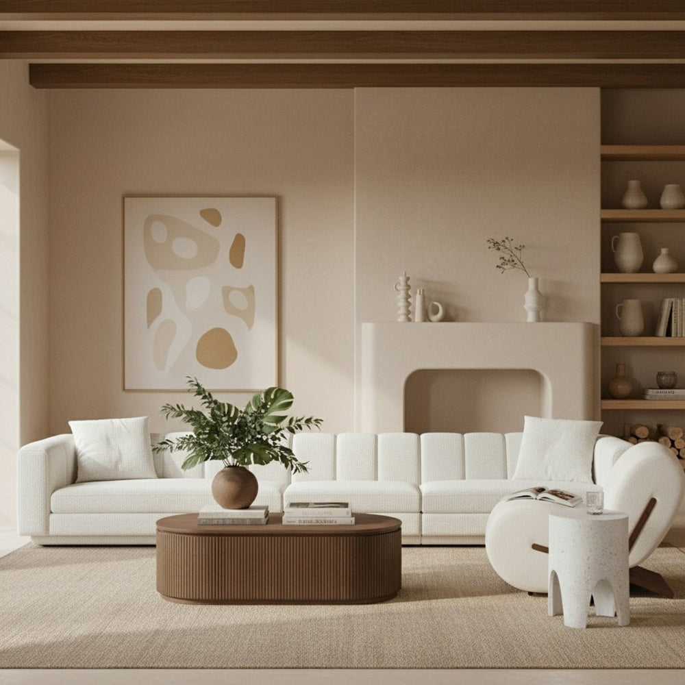Meridian Furniture Modari Channel Tufted Modular Sofa Cream Chenille Fabric for Contemporary Living 143Cream-S3A