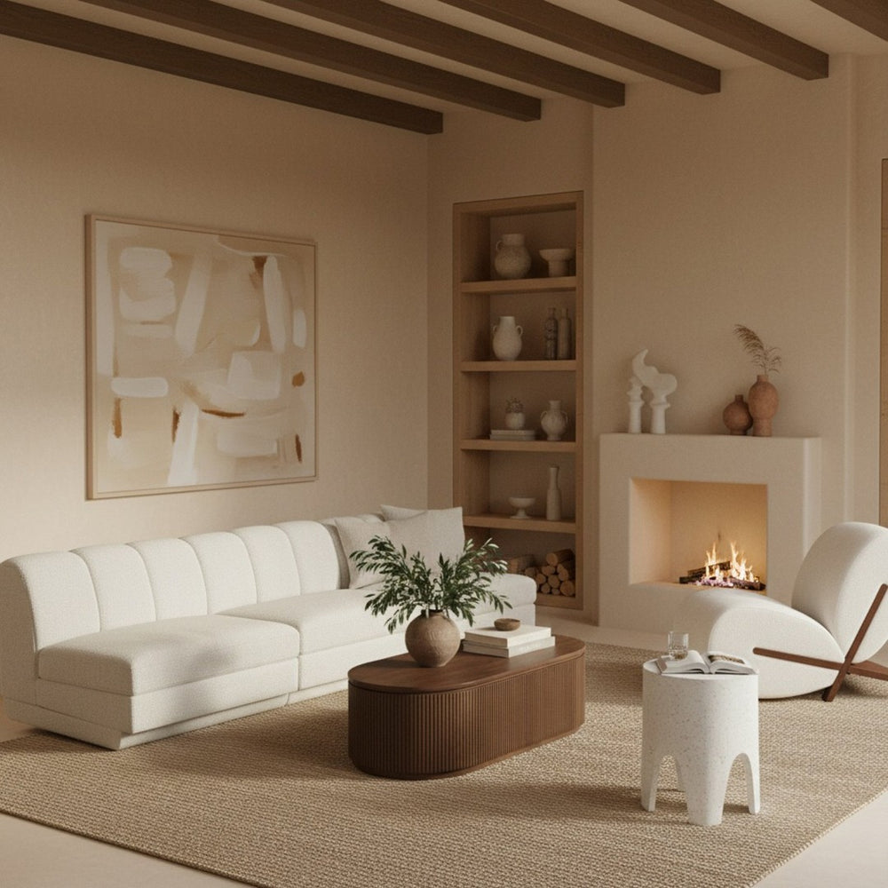Meridian Furniture Modari Chenille Three Piece Modular Sofa with Channel Tufted Back for Living Rooms 143Cream-S3B