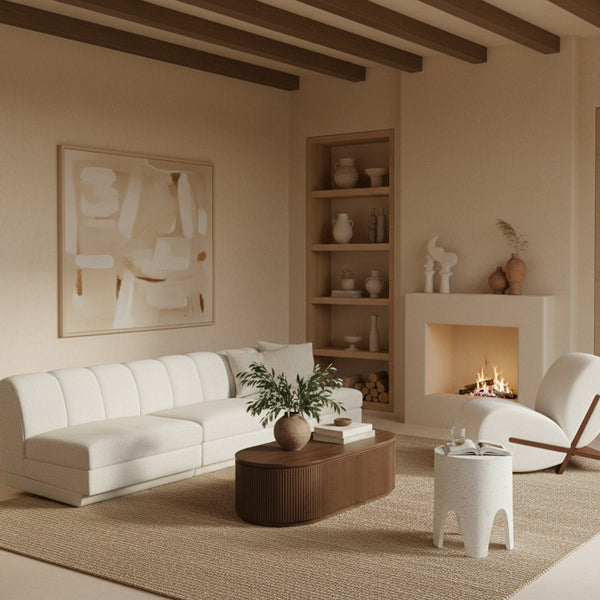 Meridian Furniture Modari Chenille Three Piece Modular Sofa with Channel Tufted Back for Living Rooms 143Cream-S3B