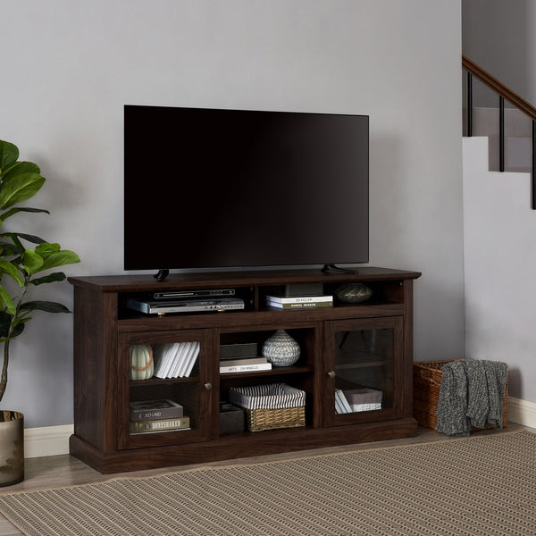 English Elm Modern TV Stand 60" Brown Entertainment Center for TVs up to 65" with Glass Doors, 3 Adjustable Shelves, Cable Management and Durable MDF Construction W2275P210030