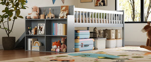 English Elm Twin Platform Kids Bed with Slide Ladder Guardrails Storage Shelf Wood Frame Gray N733S415411E