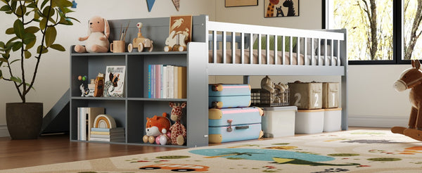 English Elm Twin Platform Kids Bed with Slide Ladder Guardrails Storage Shelf Wood Frame Gray N733S415411E