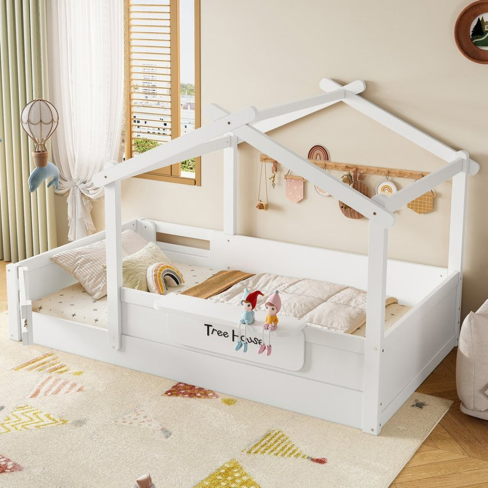 English Elm Twin Low Loft Bed Solid Pine Frame with Built-in Led Lighting and Storage Shelves Light White W1580P396330