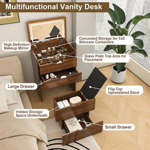 English Elm 3-in-1 Walnut Vanity Desk with Led Lighted Flip Mirror Stool Compact Bedroom Station W2699P404629