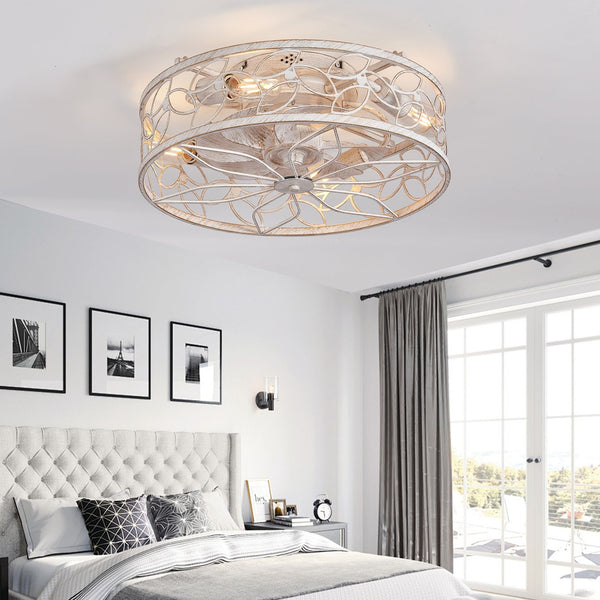 English Elm 18-inch Vintage Caged Ceiling Fan Light with Remote, Quiet DC Motor, Industrial Farmhouse Fixture White W1340P246415