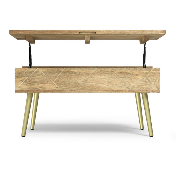 English Elm Jager Mango Wood Lift-Top Coffee Table with Hidden Storage, Gold Brass Inlays & Angled Iron Legs B136P203435