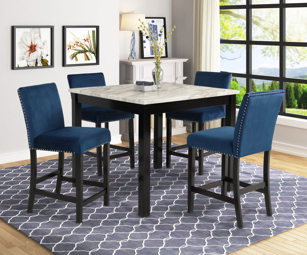 English Elm 5Pc Counter Height Dining Set - Glamorous Faux Marble Table & Blue Velvet Tufted Chairs For Modern Spaces B011P243219