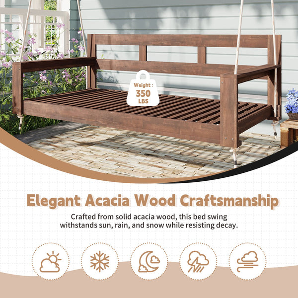 English Elm TOPMAX Acacia Wood Twin Porch Swing Bed Frame with High Back, 350lb Capacity & 118" Hemp Ropes Brown N717P265795D