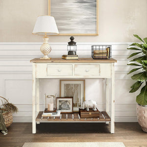 English Elm Vintage Two-Drawer Console Table Antique Natural Distressed Finish with Shelf, Sturdy Entryway Storage W2295P366795