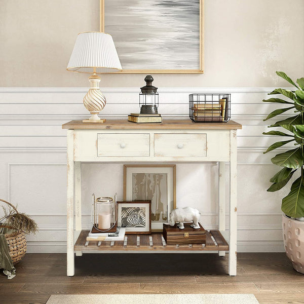 English Elm Vintage Two-Drawer Console Table Antique Natural Distressed Finish with Shelf, Sturdy Entryway Storage W2295P366795