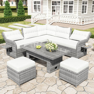 English Elm Outdoor Rattan Furniture Set With Adjustable Recliners, Versatile Tables, And Ottomans For Patios N719Z000120A-GIGA