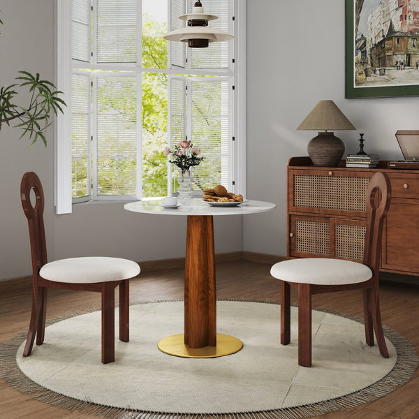 English Elm Modern Sintered Stone Round Dining Table Gold Base Wooden Leg Compact Two Seat W1535S00608