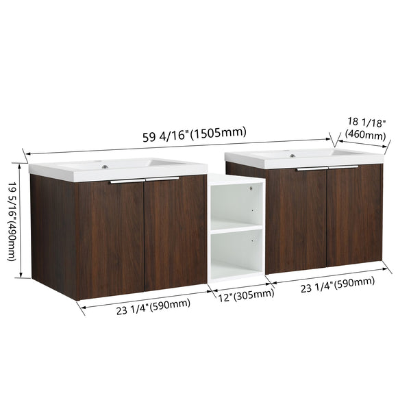 English Elm 60 Inch Wall Mounted Vanity with Dual Resin Sinks, Soft Close Doors, Metal Handles & Shelves Durable Finish California Walnut W999S00187