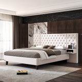 Christopher Knight Home® Queen Platform Bed w/ Headboard, Velvet Upholstered, 2 Nightstands, Diamond Tufted, Beige