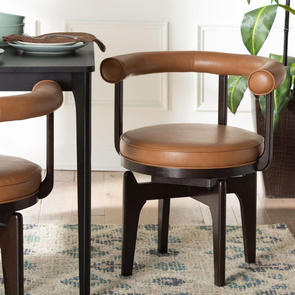 Baxton Studio Baxton Studio Delacruz Swivel Dining Chair - Modern Faux Leather Accent Chair for Dining & Kitchen BBT5547-Tan/Black-Armchair-DC