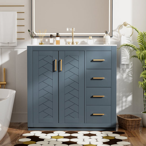 English Elm 36'' Bathroom Vanity with Ceramic Sink Combo Solid Wood Frame Soft-Closing Drawers Ample Storage Elegance Blue N710P243327C