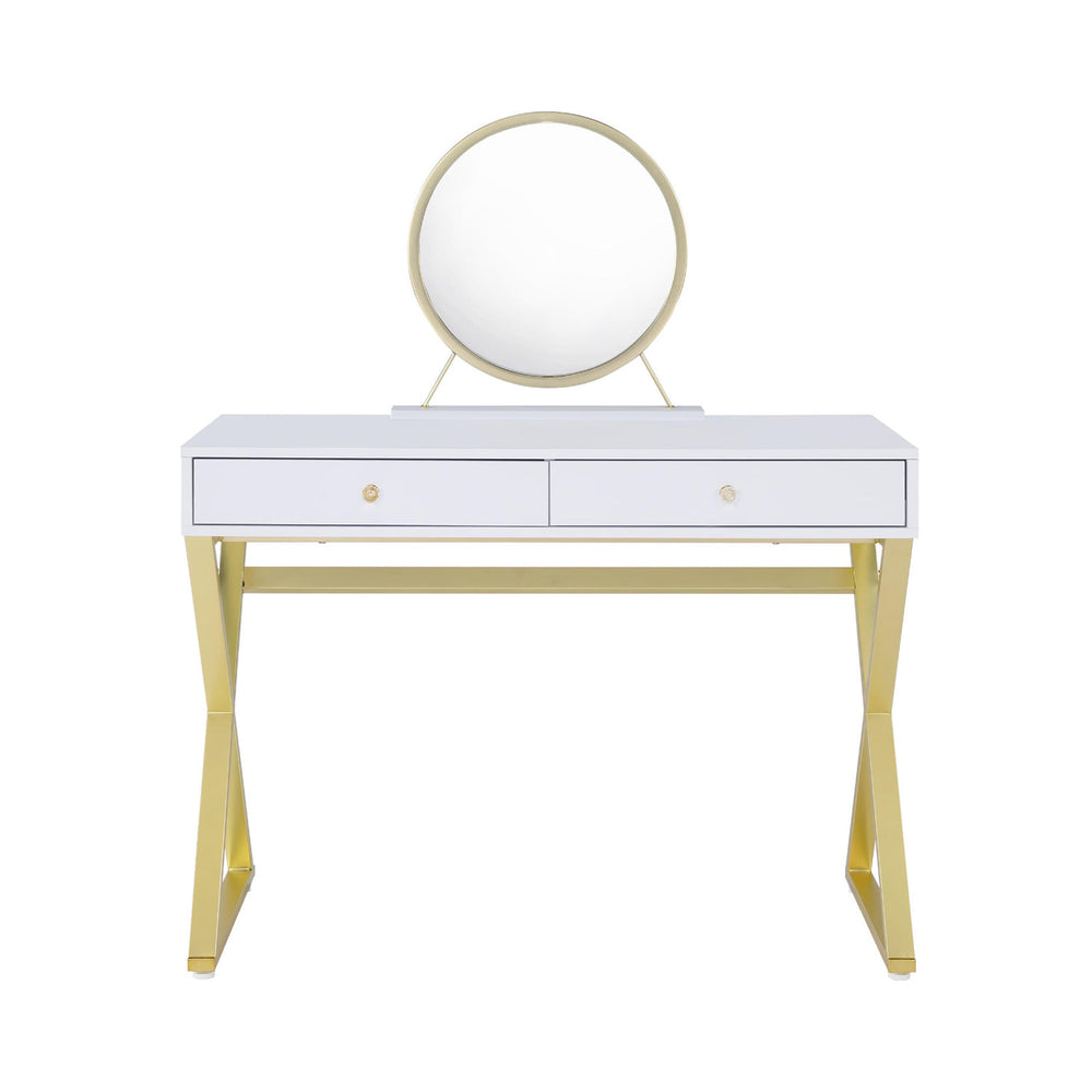 English Elm Rectangular Modern Vanity Desk with Mirror, 2 Drawers & Jewelry Tray — White Gold Accent, Spacious Storage B016P317482