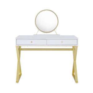 English Elm Rectangular Modern Vanity Desk with Mirror, 2 Drawers & Jewelry Tray — White Gold Accent, Spacious Storage B016P317482