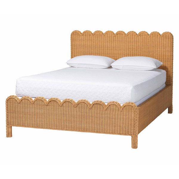 Baxton Studio bali Maritza Scalloped Natural Rattan Bed Frame – Handwoven Wicker with Elegant Braided Design, Boho Style King Maritza-Wood/Light Honey-King