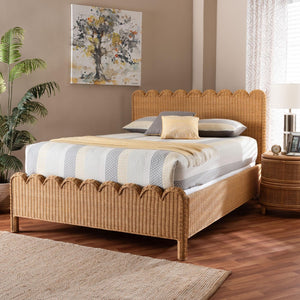 Baxton Studio bali Maritza Scalloped Natural Rattan Bed Frame – Handwoven Wicker with Elegant Braided Design, Boho Style King Maritza-Wood/Light Honey-King