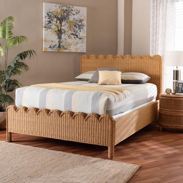 Baxton Studio bali Maritza Scalloped Natural Rattan Bed Frame – Handwoven Wicker with Elegant Braided Design, Boho Style King Maritza-Wood/Light Honey-King