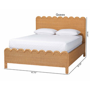 Baxton Studio bali Maritza Scalloped Natural Rattan Bed Frame – Handwoven Wicker with Elegant Braided Design, Boho Style King Maritza-Wood/Light Honey-King
