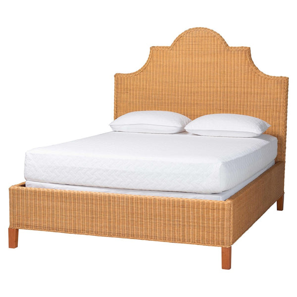 Baxton Studio bali Melanie Natural Rattan Bed – Handwoven Coastal Boho Frame with Scalloped Headboard Design King Melanie-Wood/Light Honey-King