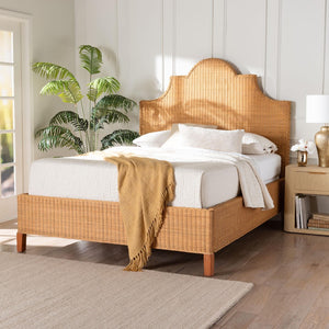 Baxton Studio bali Melanie Natural Rattan Bed – Handwoven Coastal Boho Frame with Scalloped Headboard Design King Melanie-Wood/Light Honey-King