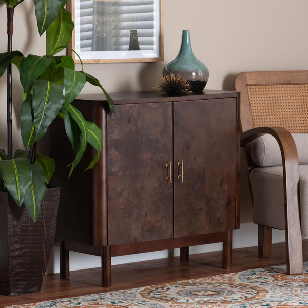 Baxton Studio bali Latika Real Burl Wood Storage Cabinet - Elegant Dark Walnut Sideboard with Brass Handles, Fully Assembled SVN-789-Dark Walnut-Blopy-Cabinet