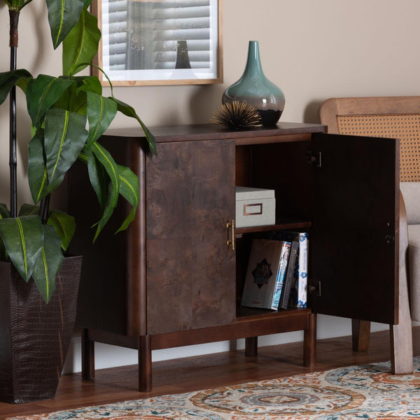 Baxton Studio bali Latika Real Burl Wood Storage Cabinet - Elegant Dark Walnut Sideboard with Brass Handles, Fully Assembled SVN-789-Dark Walnut-Blopy-Cabinet
