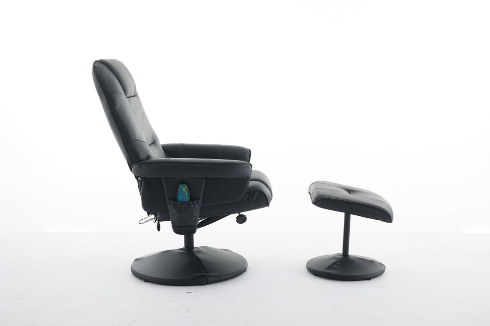 English Elm 011-Massage Recliner Chair with Ottoman, 360° Swivel PU Leather, 5-Point Vibration Massage, Heated Seat, 140° Backrest Comfort Black W2636P262429