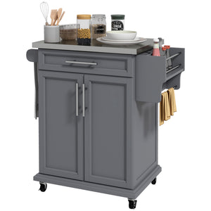 English Elm Homcom Rolling Kitchen Island Cart With Stainless Steel Top, Drawer, Spice Rack & Towel Holder, Gray W2225P200726