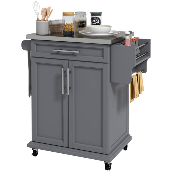 English Elm Homcom Rolling Kitchen Island Cart With Stainless Steel Top, Drawer, Spice Rack & Towel Holder, Gray W2225P200726