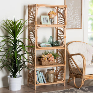 Baxton Studio bali Baara Natural Rattan 4-Tier Display Shelf - Handcrafted Bookcase with Boho Coastal Charm & Style WS147-Natural Rattan-Tall Shelf