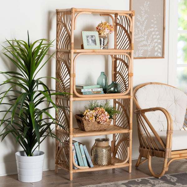 Baxton Studio bali Baara Natural Rattan 4-Tier Display Shelf - Handcrafted Bookcase with Boho Coastal Charm & Style WS147-Natural Rattan-Tall Shelf