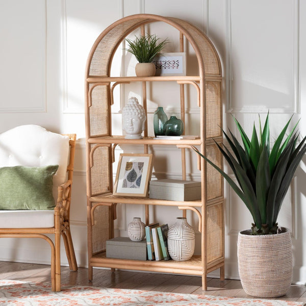 Baxton Studio bali Natania Handwoven Rattan 4-Tier Display Shelf - Boho Coastal Bookcase for Living Room & Entryway WS148-Natural Rattan-Tall Shelf