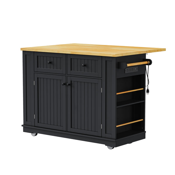 English Elm K&K 48 Inch Kitchen Island Cart with Drop Leaf, Built-In Power Station, Adjustable Shelves & Wheels Black N707P257057B